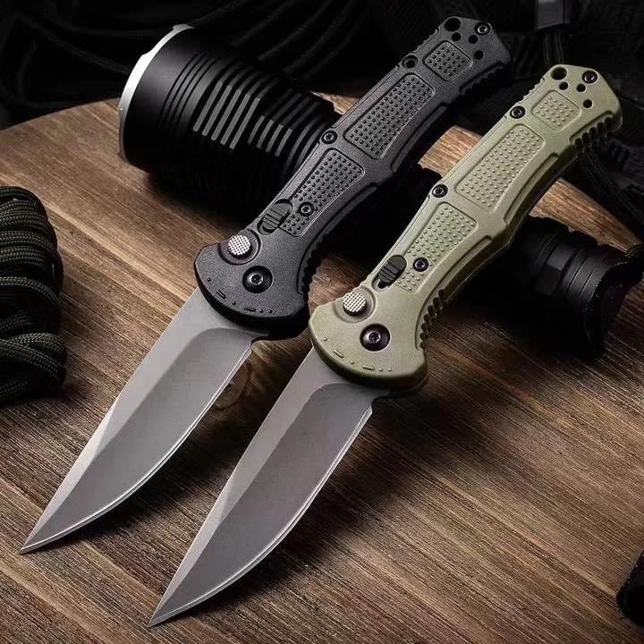 Futsuak سكين قفز أوتوماتيكي للدفاع عن النفس في الهواء الطلق، سكين جيب قابل للطي 9070، شفرة من فولاذ D2 مقبض من الألياف الزجاجية غير قابلة للانزلاق، سكين تكتيكي حاد متعدد الوظائف للاستخدام في الهواء الطلق، تكتيكي، البقاء و EDC (أسود) - Image 1